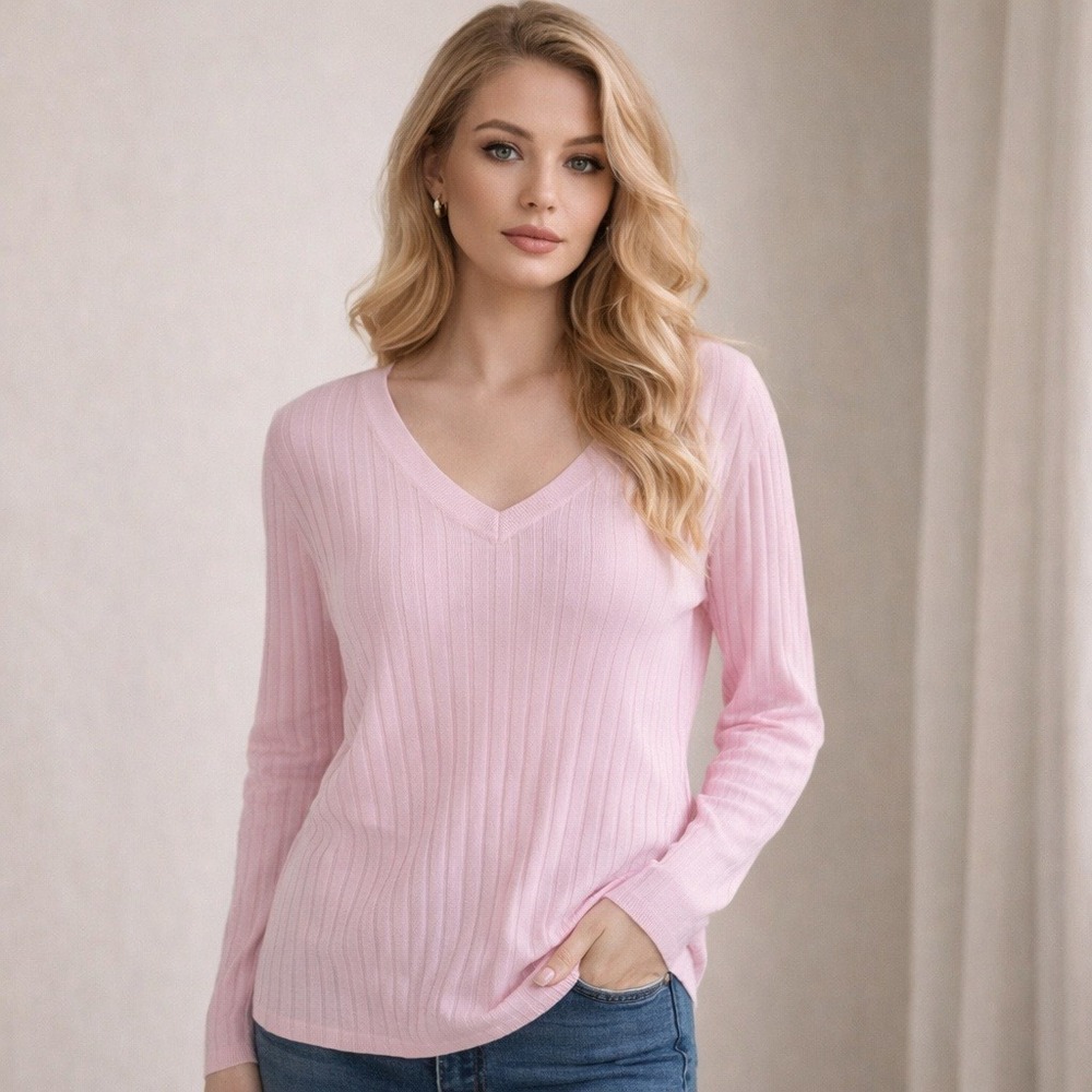 Kim Rogers Light‎ Pink Ribbed V-Neck Long Sleeve Sweater NWOT